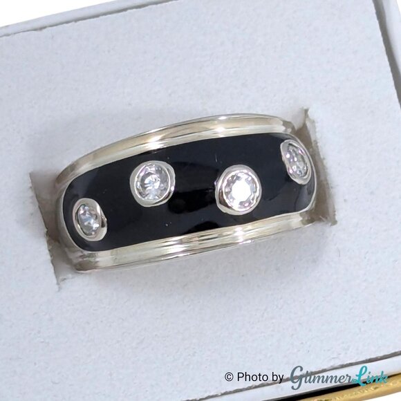 Vintage Sterling Silver Black Enamel Dome Ring CZ Stones Size 8 Thailand - Picture 1 of 12